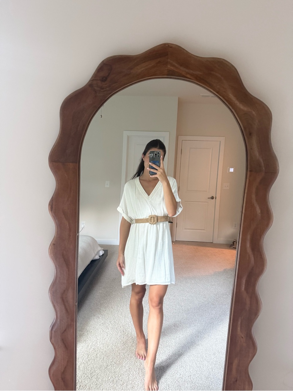 White V-Neck Short Sleeve Dress with Belt